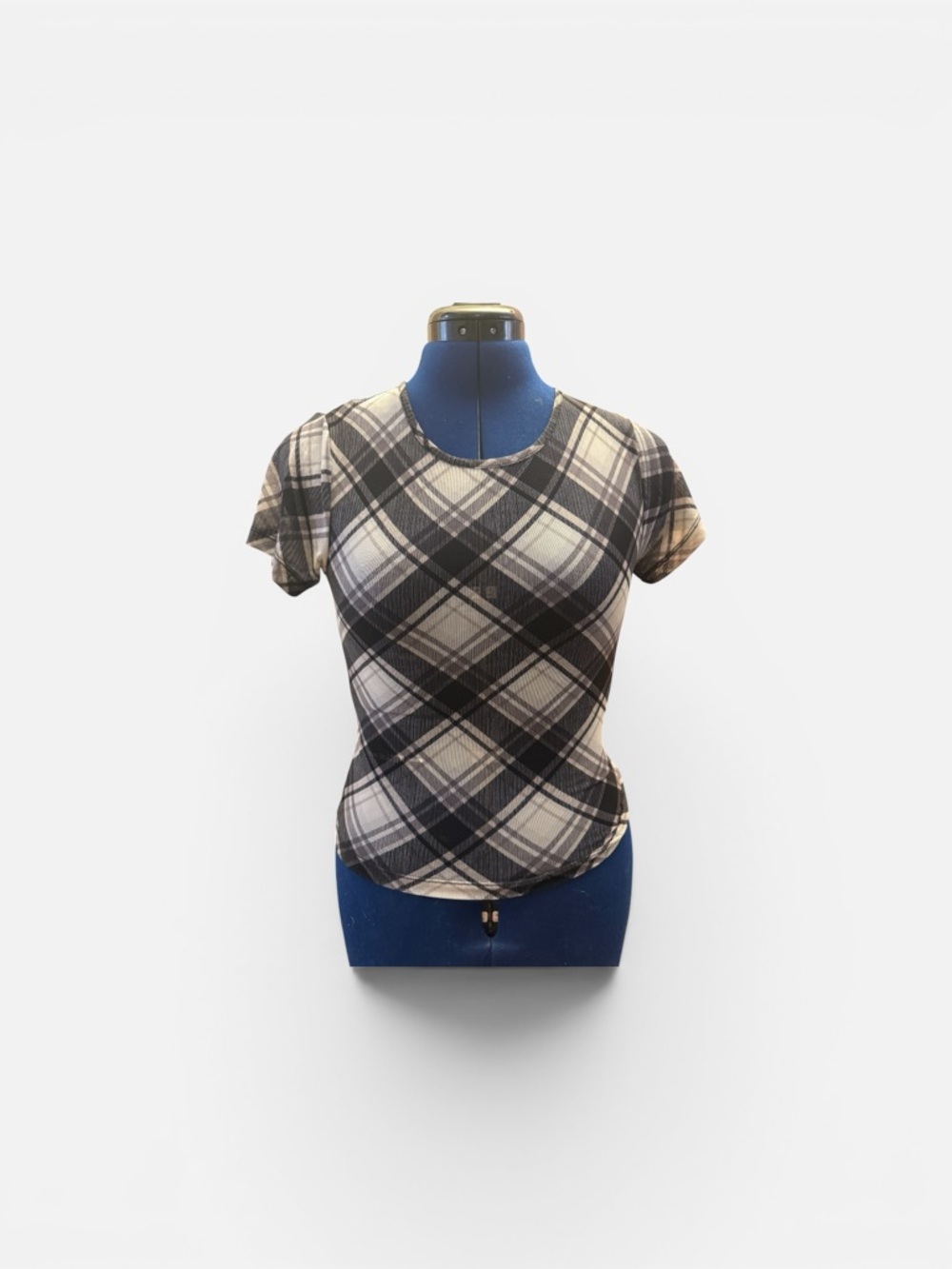 Forever 21 Small Plaid Short Sleeve Crewneck Top - Black & White
